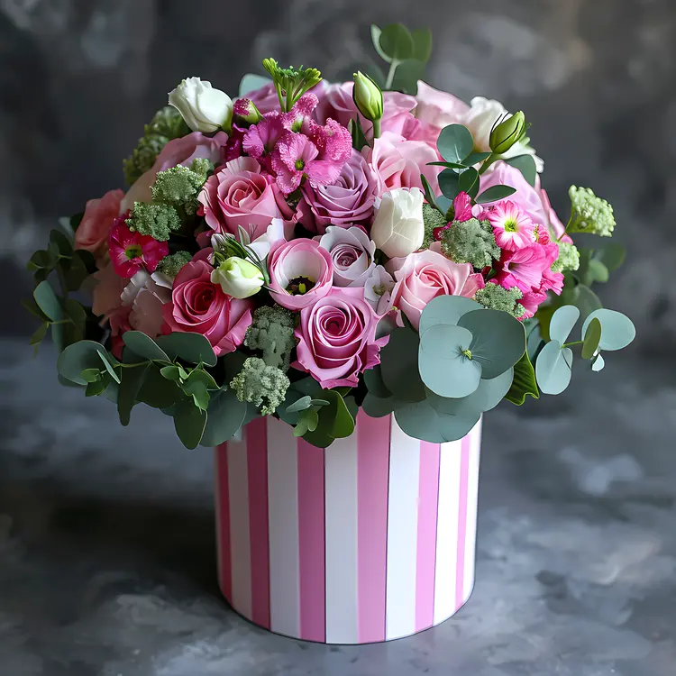 Pink and White Flower Arrangement in Striped Gift Box