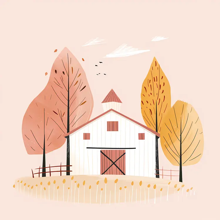 White Barn with Autumn Trees