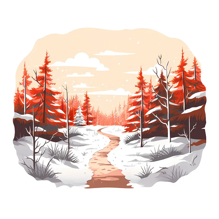 Snowy Winter Landscape with Trees and Path
