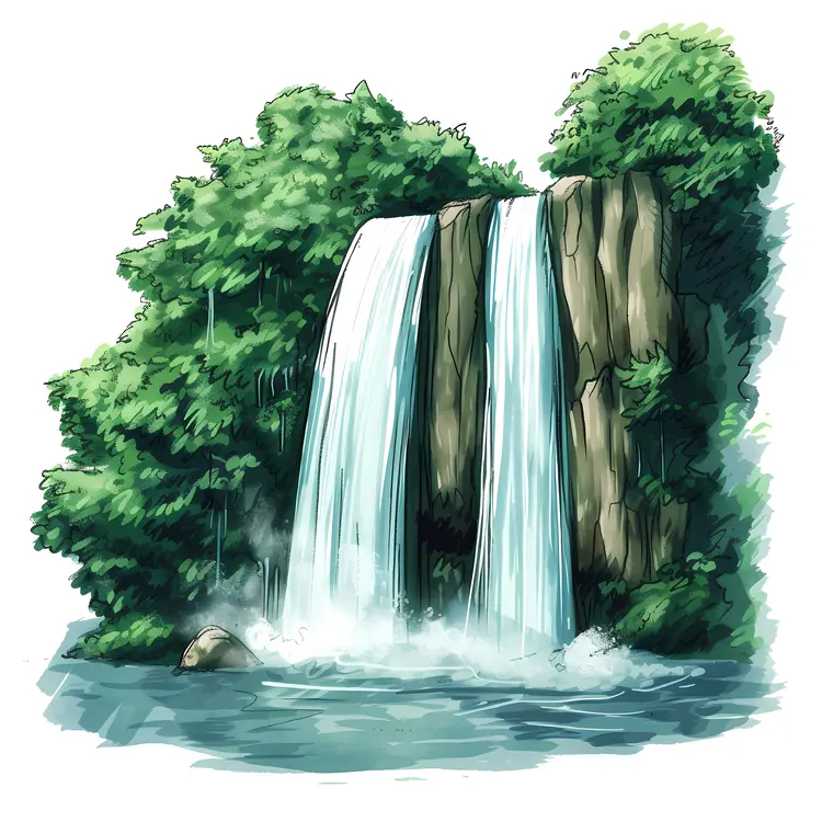 Waterfall Surrounded by Trees and Greenery