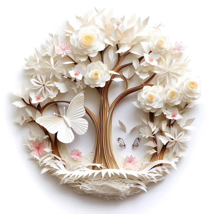 White Paper Flowers and Butterfly