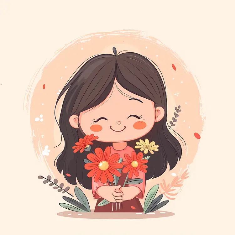 Smiling Girl Holding Colorful Flowers