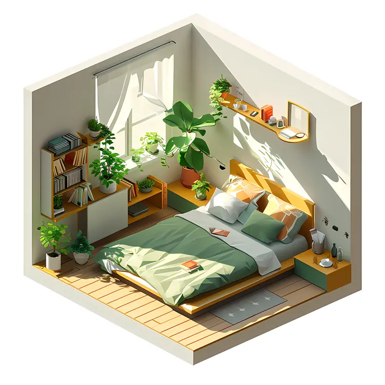 Bright Bedroom with Plants and Books