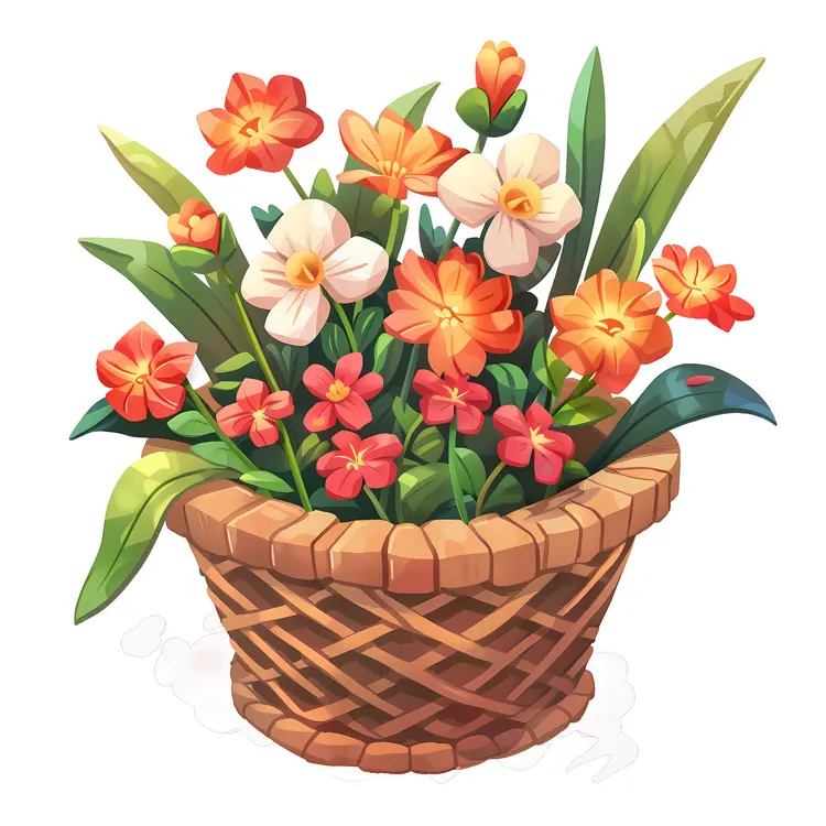 Cartoon Flower Basket with Bright Flowers