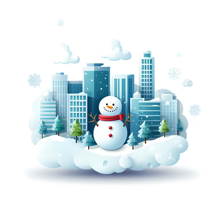 Snowman in a Snowy Cityscape