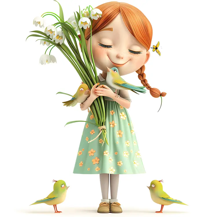 Cute Girl Holding Flowers with Birds