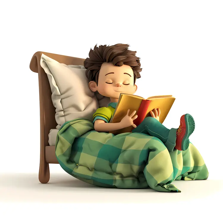 Boy Reading a Book in Bed with Green Blanket