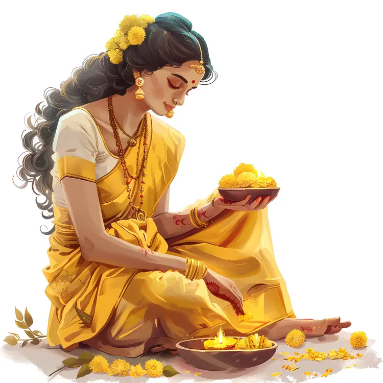 Woman with Flowers in Yellow Clothes