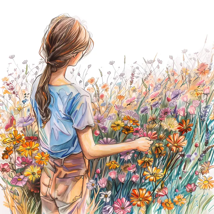 Girl in Flower Field Illustration