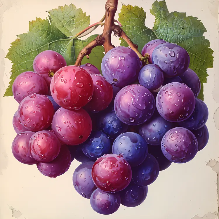 Juicy Purple Grapes with Leaves