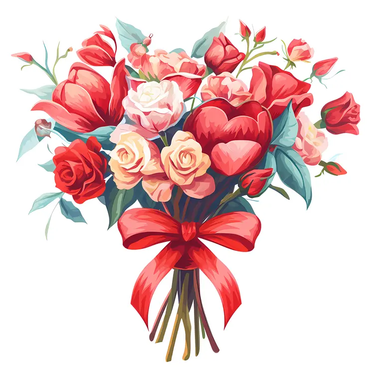 Bouquet of Red and Pink Flowers with Hearts