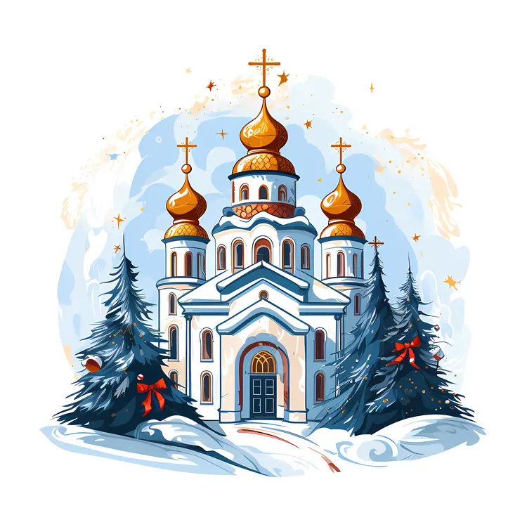 Snowy Church with Golden Domes