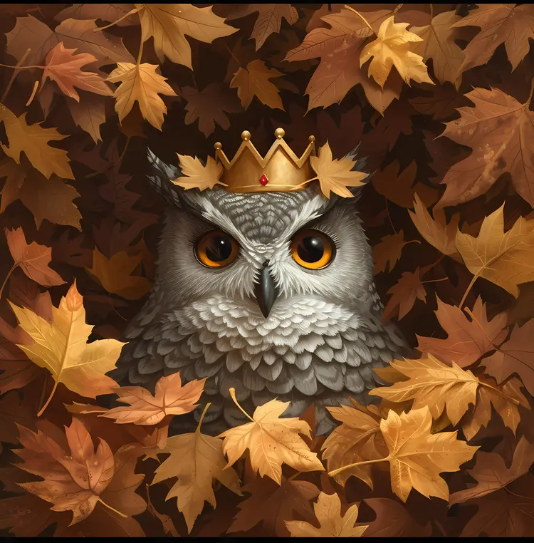 Royal Owl with Crown Surrounded by Autumn Leaves