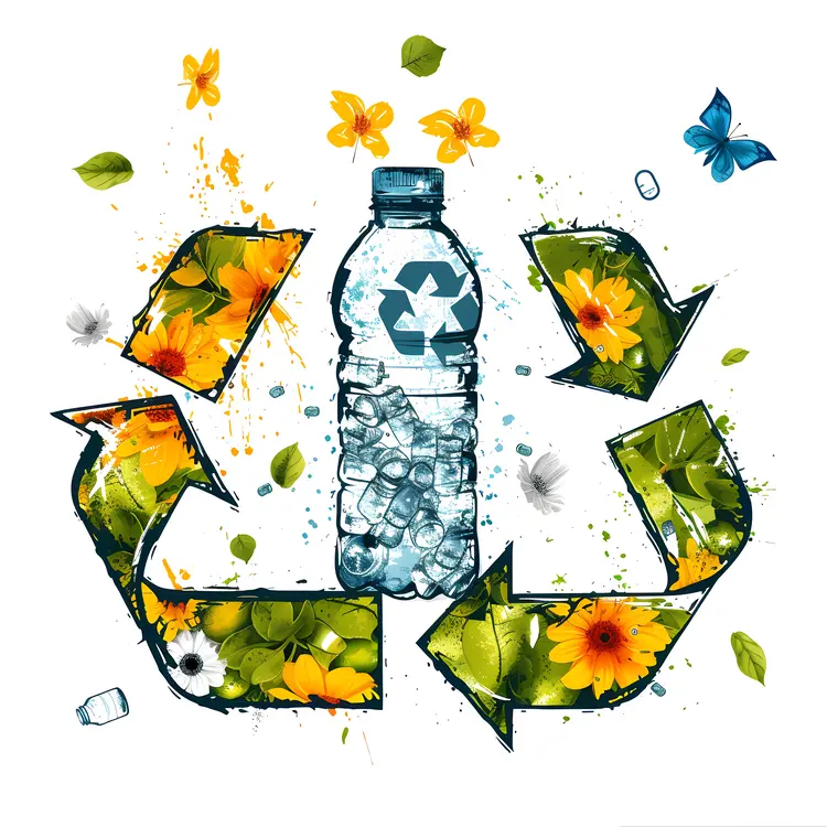 Recycling symbol with bottle and flowers