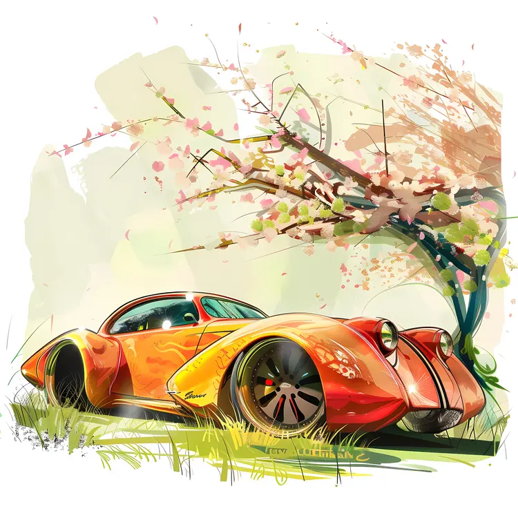 Retro Car Under Blossoming Tree