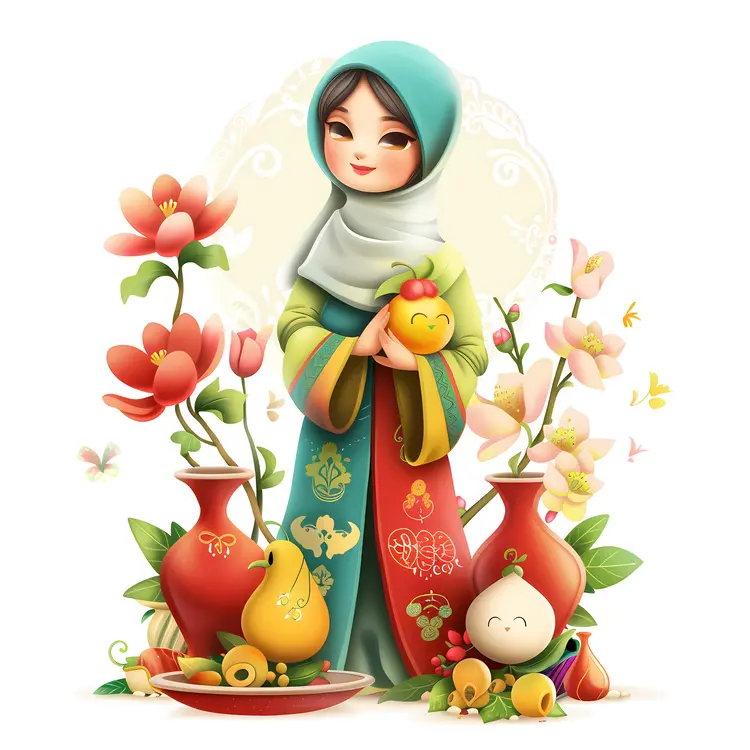 Spring Girl with Flowers and Vases