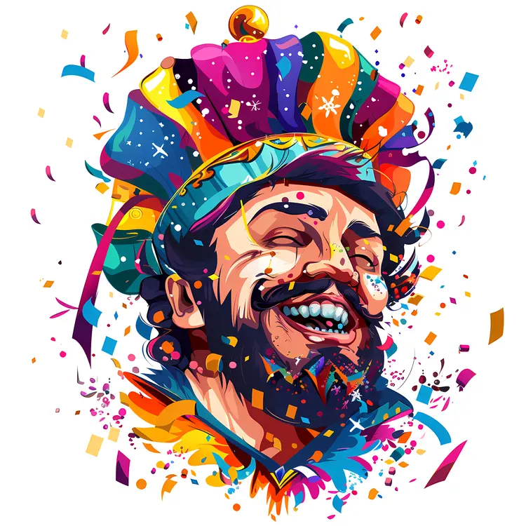 Joyful Carnival King with Crown and Confetti