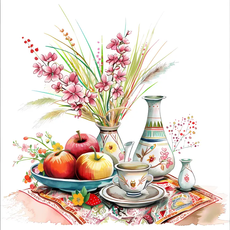 Beautiful Still Life with Flowers and Fruits