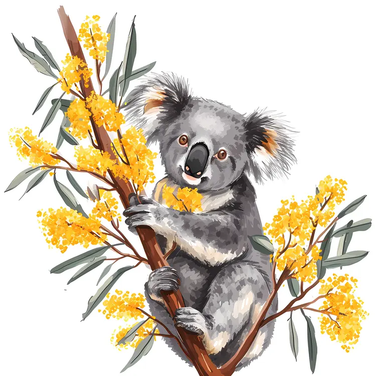 Cute Koala on Tree Branch with Yellow Flowers