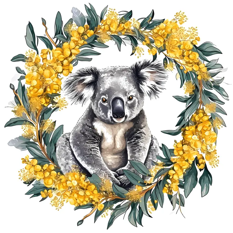 Charming Koala in Yellow Flower Wreath