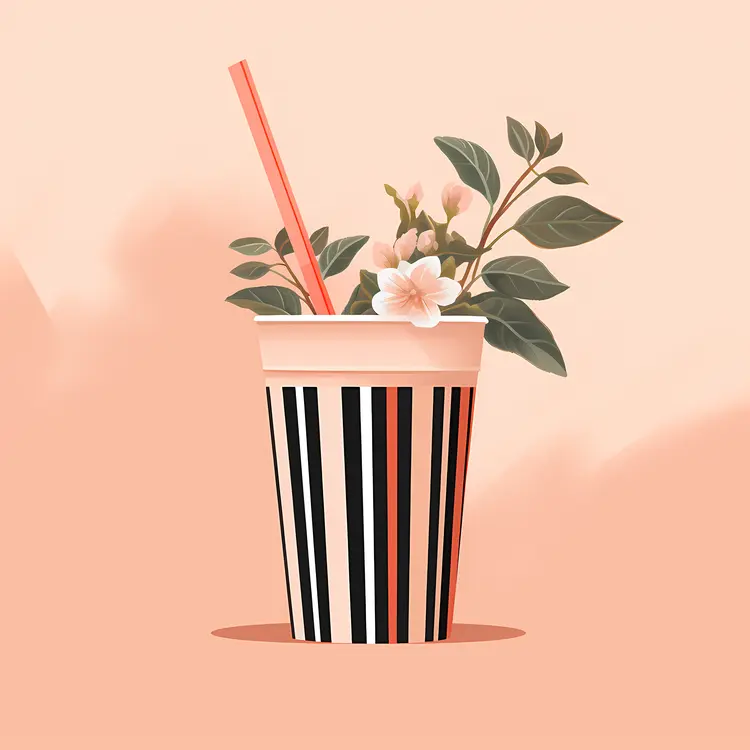 Striped Cup with Straw and Flowers