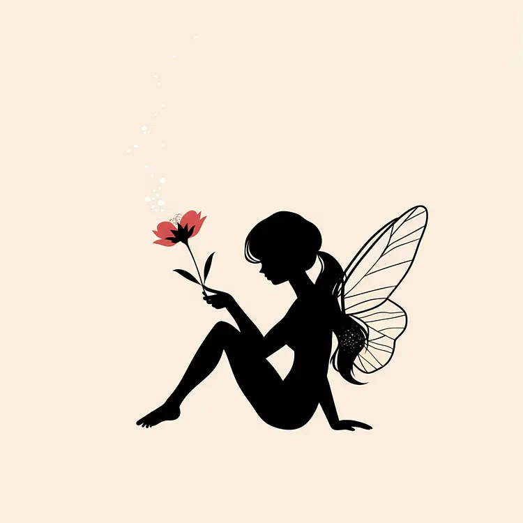 Fairy Silhouette with Flower and Wings