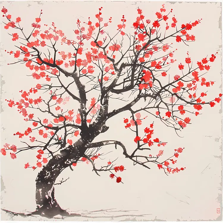 Red Blossom Tree in Traditional Art Style