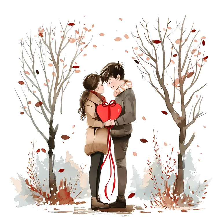 Couple with a Heart-Shaped Gift in Winter