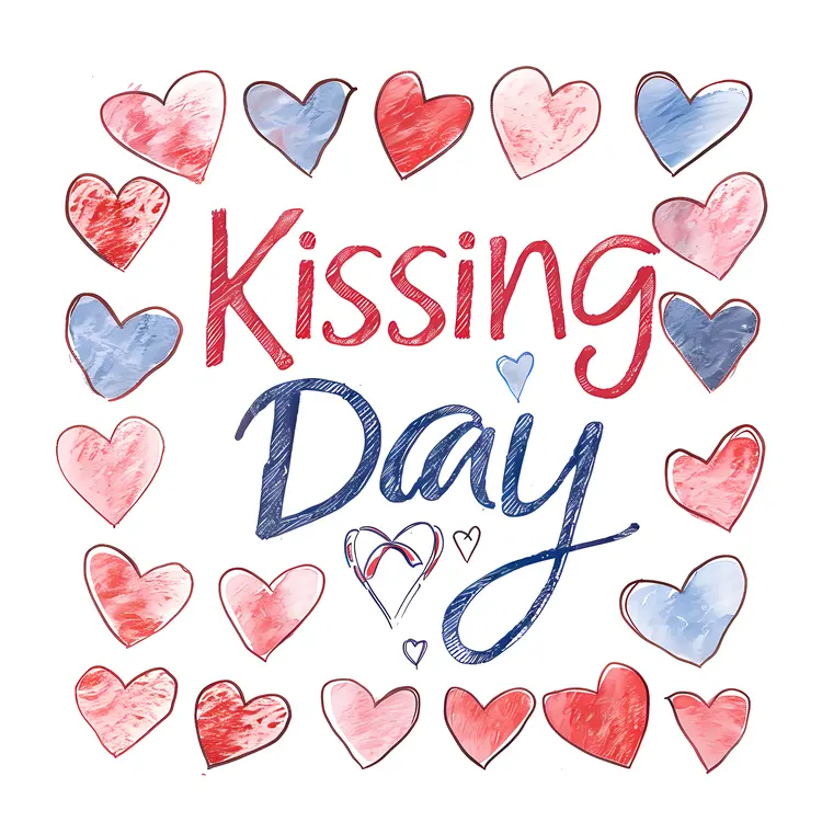 Kissing Day Text with Red and Blue Hearts