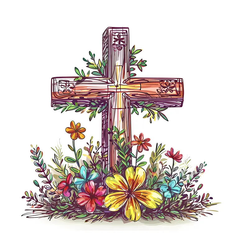Wooden Cross with Colorful Flowers