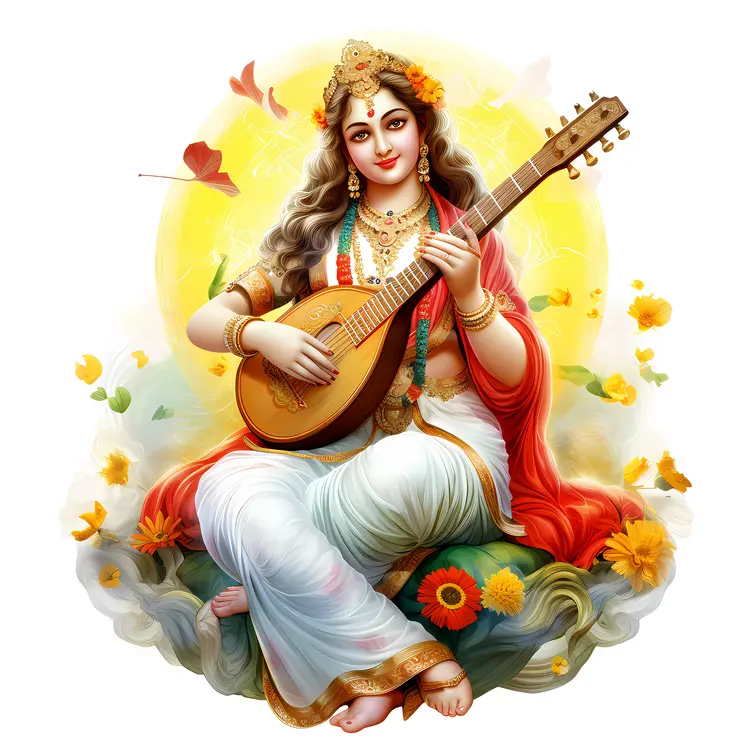 Goddess Playing Veena in White Dress