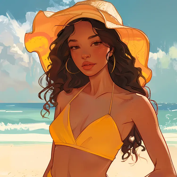 Woman in Yellow Bikini with Hat on Beach