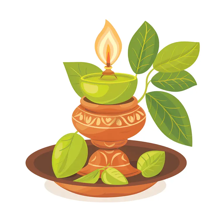Traditional Ugadi Lamp with Leaves on Plate