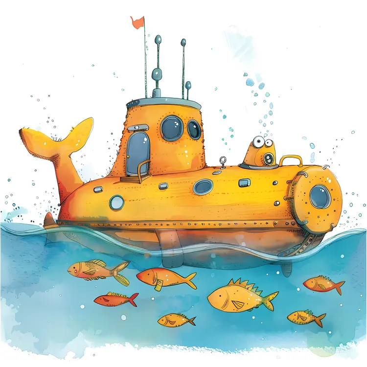 Cartoon Yellow Submarine with Fish