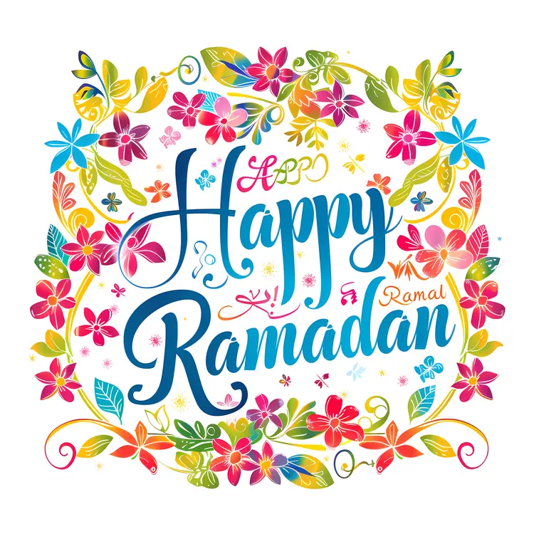 Colorful Happy Ramadan Text with Flowers