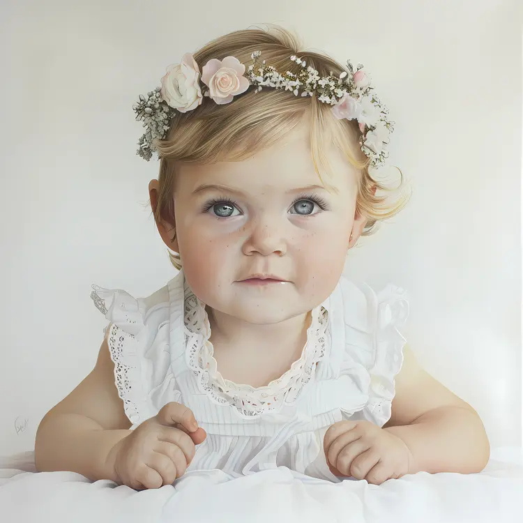 Baby with Flower Crown in Realistic Portrait