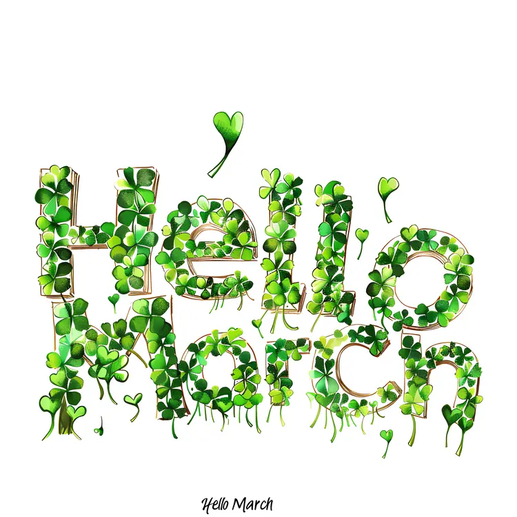 Hello March Text with Clover Design