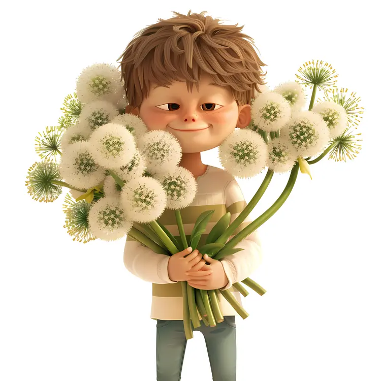 Boy Holding a Bunch of Dandelions