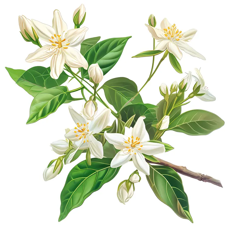 White Flowers with Green Leaves on Branch