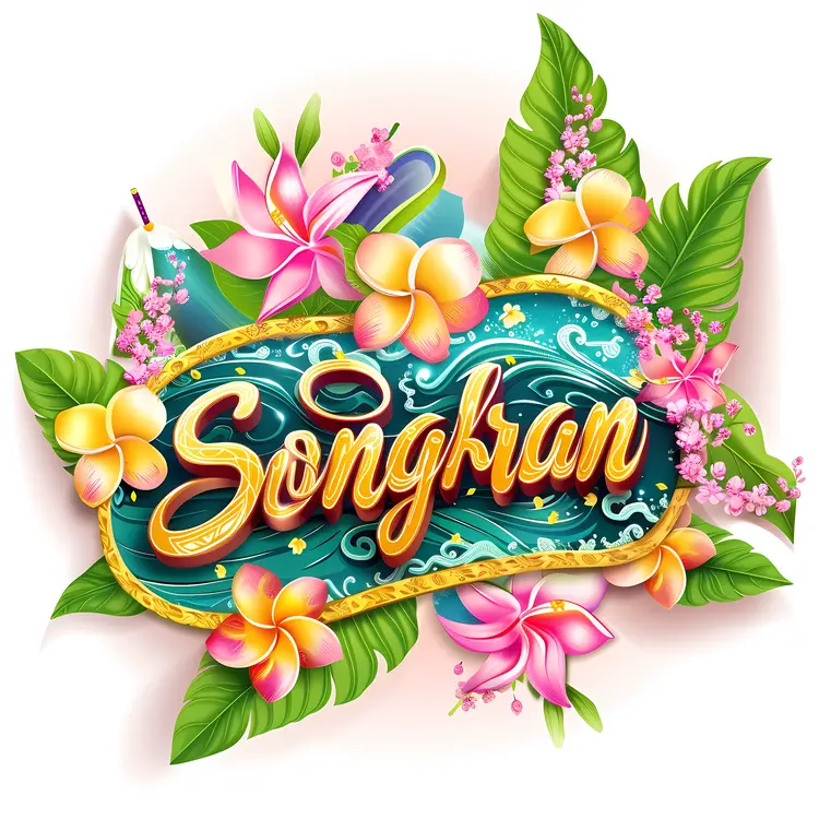 Songkran text with flowers and leaves