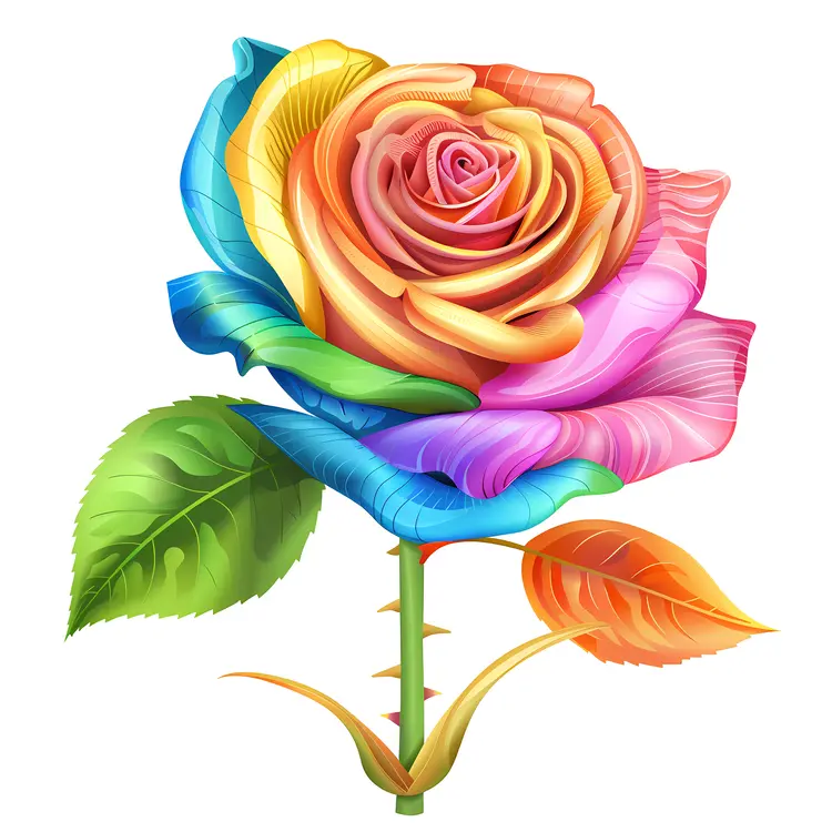 Vibrant Rainbow Rose with Leaves