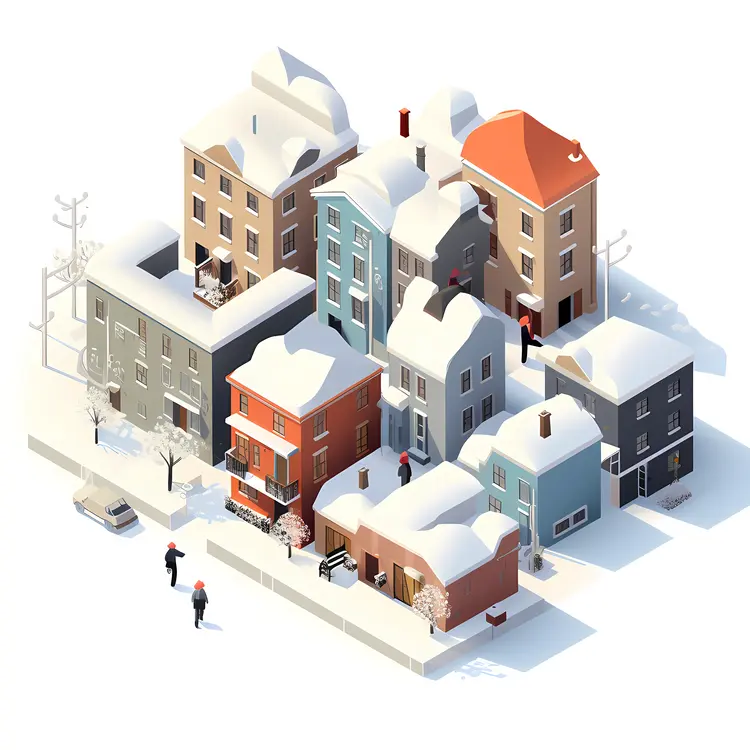 Snowy Winter Neighborhood with Colorful Houses