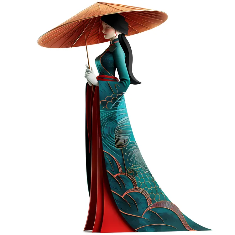 Elegant Woman in Traditional Dress with Umbrella