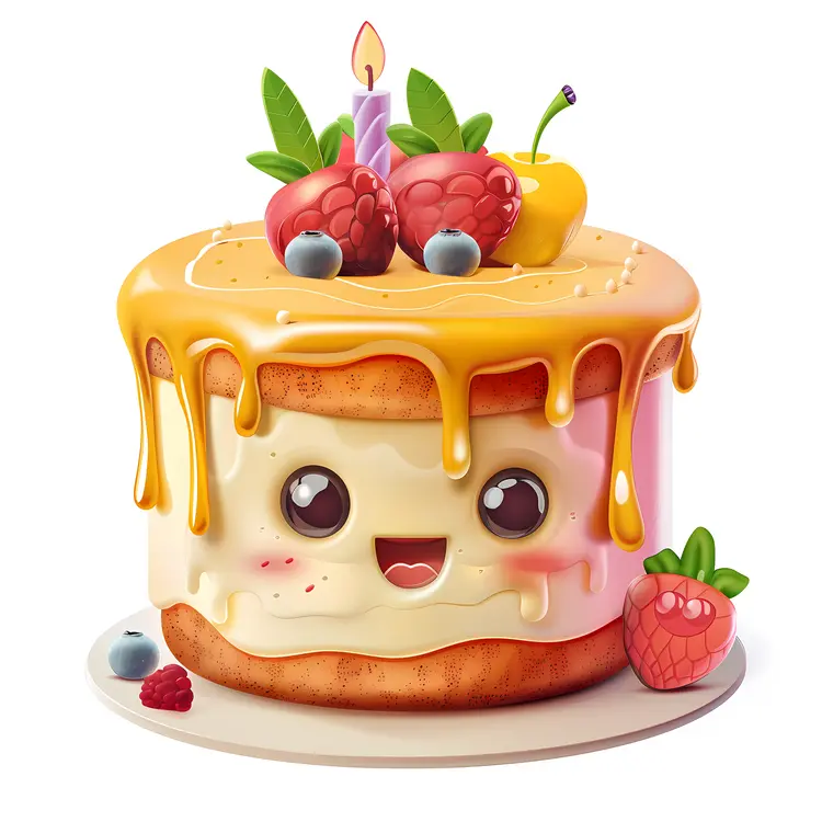 Cute Cake with Fruits and Candle