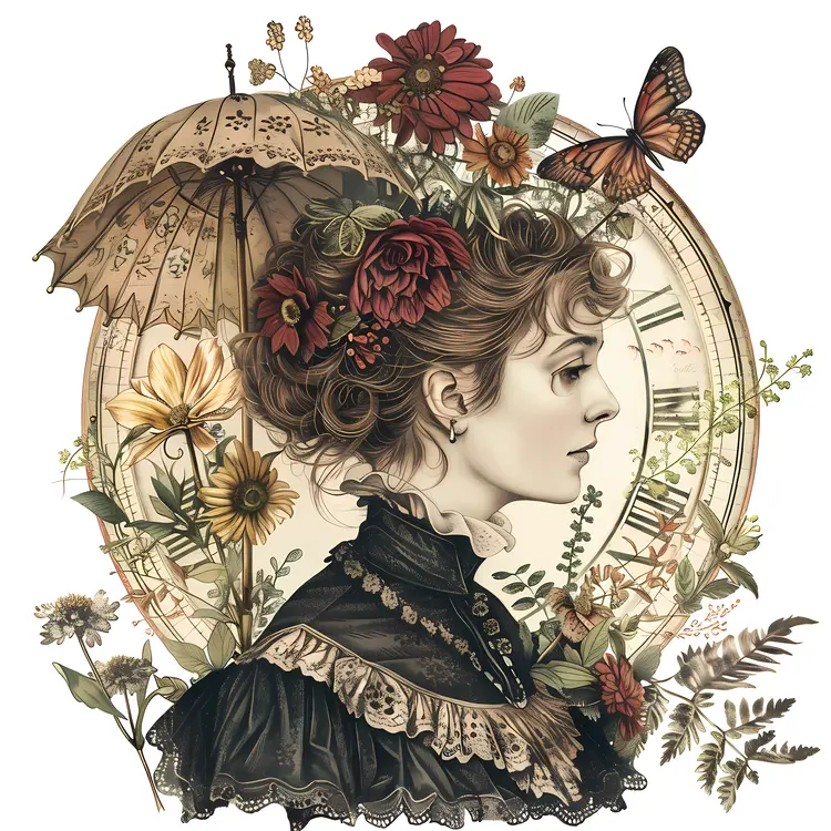 Victorian Lady with Umbrella and Flowers