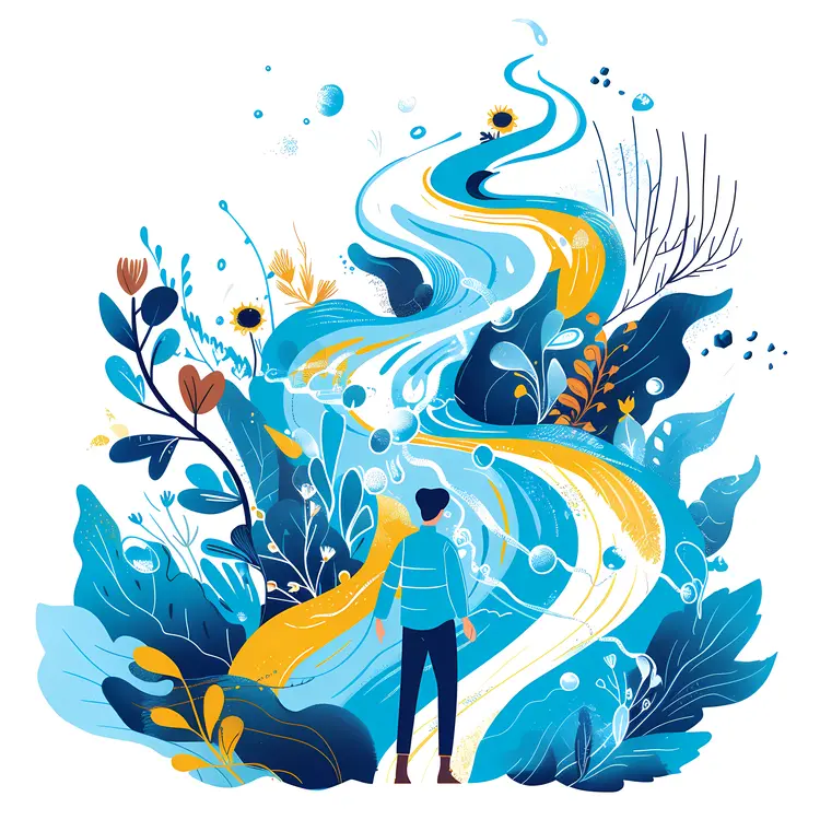Person Standing by a Flowing River Illustration