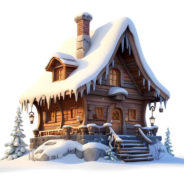 Cozy Log House in Winter Forest