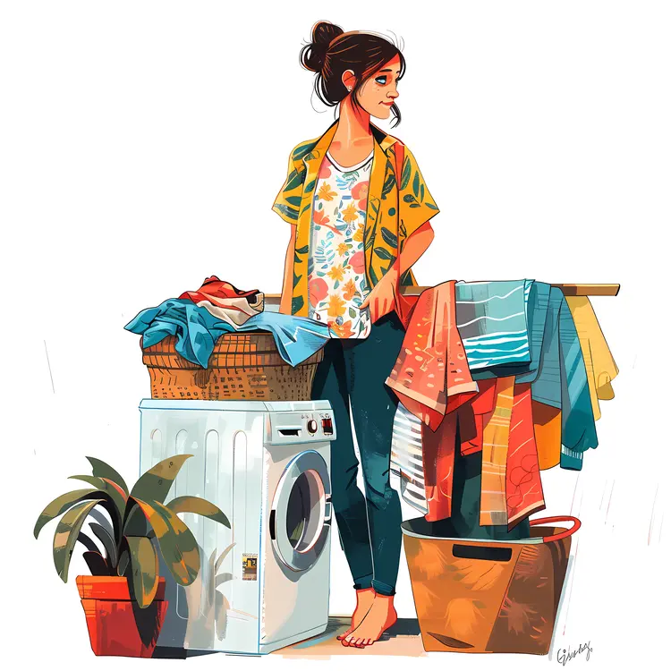 Woman Doing Laundry with Washing Machine