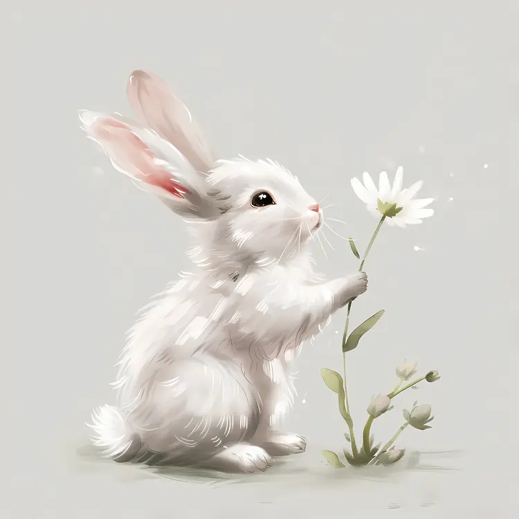 Cute Bunny Holding a White Flower