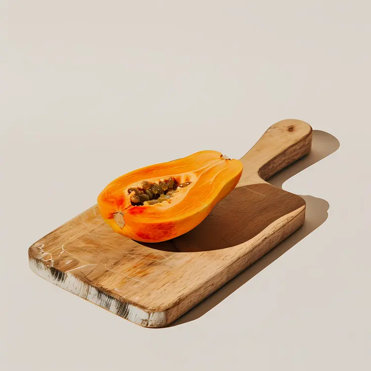 Papaya Halves on a Rustic Cutting Board
